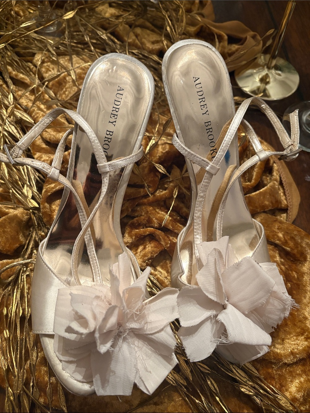 Audrey Brooke Champagne Satin Floral T-Strap Heels